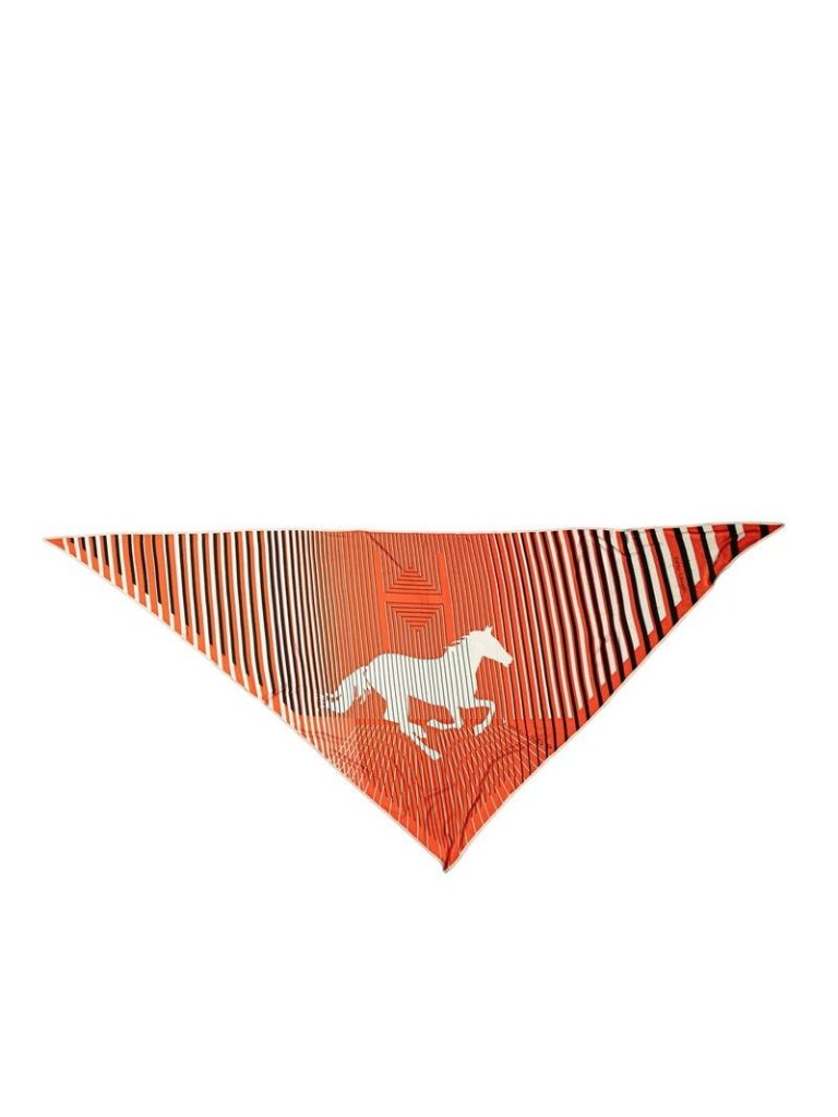 Hermes Au Galop Triangle Scarf Orange White Black Silk Jersey